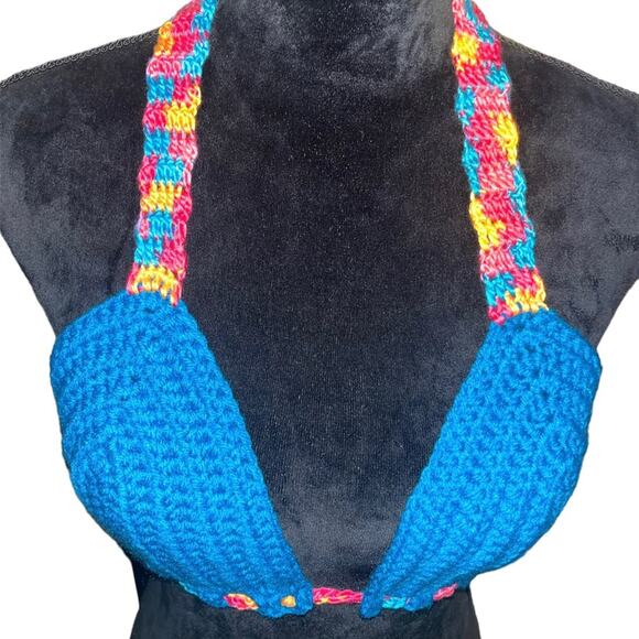Creaciones Cayana Handmade Crochet Bikini Halter Top Size S Blue - Picture 4 of 7